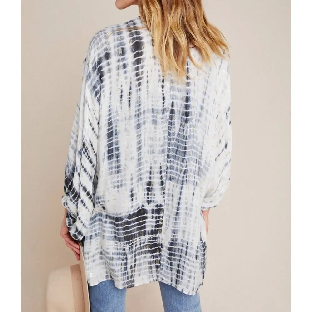 Anthropologie Vada White Blue Gold Shimmer Cocoon Kimono Women’s One Size - Picture 3 of 12